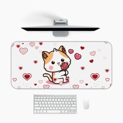 Infidu Bring Cat Magic to Your Desk Mat features a whimsical anime cat design with hearts and flowers on a white and red background Desk Pad kept on a plain white background