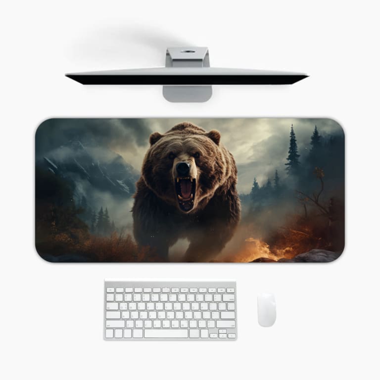 Fierce brown bear with dark forest background desk pad design. A desk pad under the computer