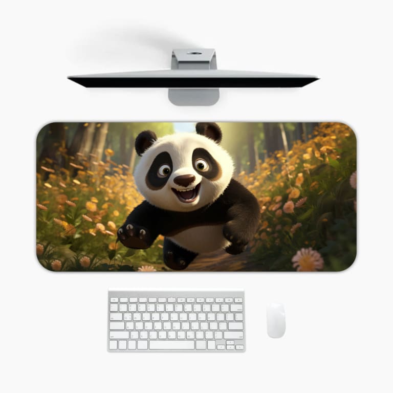 Happy panda with greenery and yellow flowers desk pad, bright and natural design. A desk pad under the computer