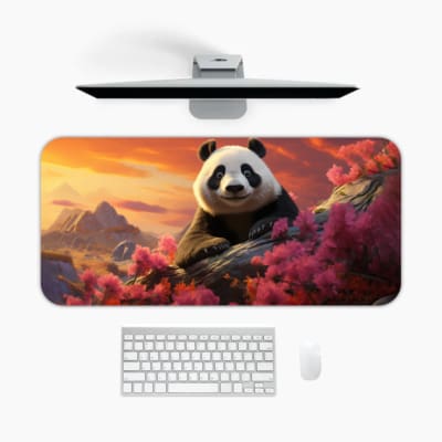 Cute panda on a rock surrounded by pink flowers and a sunset sky with orange, pink, and purple hues. A desk pad under the computer