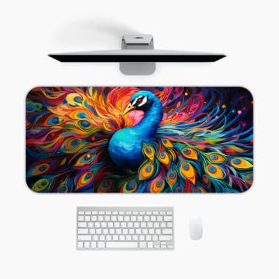 Vibrant peacock with colorful feather tail on a swirling multi-color background desk pad. A desk pad under the computer