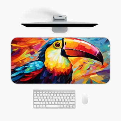 Colorful toucan with a vibrant beak and bright abstract background on a desk pad. A desk pad under the computer