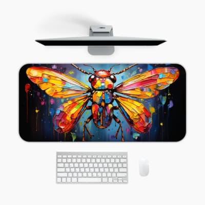 Colorful stained-glass insect design desk pad with vibrant tones and a dark background. A desk pad under the computer