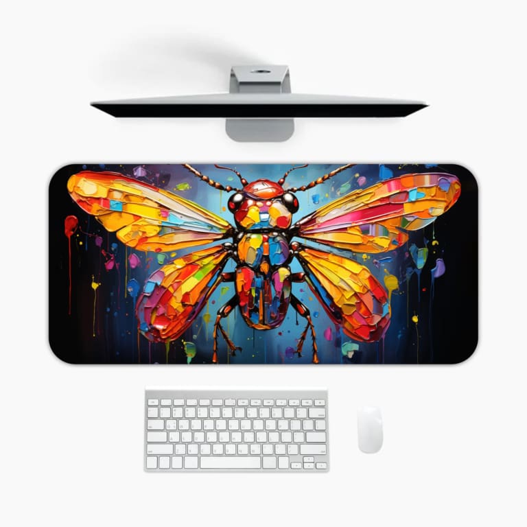 Colorful stained-glass insect design desk pad with vibrant tones and a dark background. A desk pad under the computer