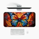 Infidu Blue Butterfly Desk Pad featuring a detailed blue butterfly with intricate wing patterns against a warm-toned floral background. A desk pad under the computer