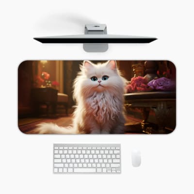 Fluffy white cat sitting in an elegant room with warm lighting, decorative flowers, and antique furniture. A desk pad under the computer