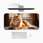 Fluffy brown cat sitting in a cozy indoor setting with warm colors and soft lighting. A desk pad under the computer