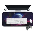 Infidu Space Desk Pad features an alien landscape with a deep purple and red sky, mountains, and visible planets. Desk Pad with Keyboard and Mouse