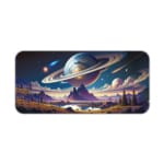 Infidu Space Desk Pad features an alien landscape with mountains, trees, a lake, and large planets on a dark blue night sky background. Desk Pad kept on a plain white background