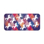 Unicorn Desk Mat with a white unicorn on a colorful background of green, yellow, navy blue, blue, and gray. Desk Pad kept on a plain white background