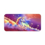 Infidu Unicorn Desk Mat with a colorful background of purple, pink, and blue, featuring a unicorn with a rainbow mane and golden horn. Desk Pad kept on a plain white background