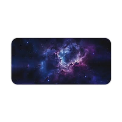 Infidu Space Desk Pad features a nebula scene with rich purples, blues, and a splash of pink, surrounded by stars and cosmic clouds. Desk Pad kept on a plain white background