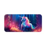 Blue unicorn with a colorful mane in a mystical forest desk mat by Infidu Desk Pad kept on a plain white background