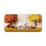 Infidu Explore Nature Desk Mat features a colorful nature scene with deer, autumn-colored trees, and falling leaves in yellow and red tones. Desk Pad kept on a plain white background