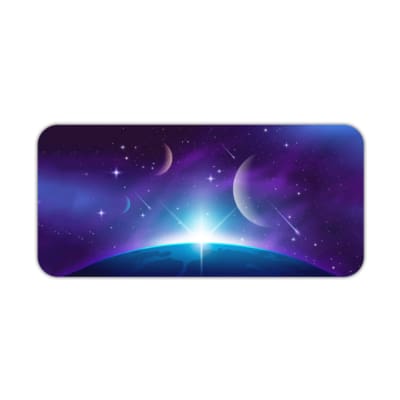 Infidu Space Desk Pad features a nebula with rich purples, blues, and pinks, set against a field of stars and cosmic clouds. Desk Pad kept on a plain white background