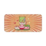 Infidu Bring Cat Magic Desk Mat featuring a cute cat with a green and blue face, surrounded by hearts and a playful radial burst background. Desk Pad kept on a plain white background