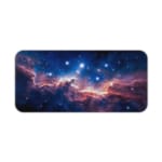 Infidu Space Desk Pad featuring a swirling nebula in orange, pink, and blue set against a starry space background. Desk Pad kept on a plain white background