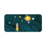 Infidu Space Desk Pad featuring a rocket launch, planets, and stars on a dark teal background. Desk Pad kept on a plain white background