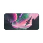 Infidu Space Desk Pad features an abstract alien landscape with geometric rock formations and multiple planets on a pink and green background. Desk Pad kept on a plain white background