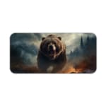 Fierce brown bear with dark forest background desk pad design. Desk Pad kept on a plain white background