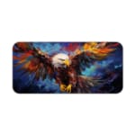 Colorful eagle with spread wings, white head, brown body, and vivid red and orange feathers against a blue abstract background. Desk Pad kept on a plain white background