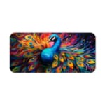 Vibrant peacock with colorful feather tail on a swirling multi-color background desk pad. Desk Pad kept on a plain white background