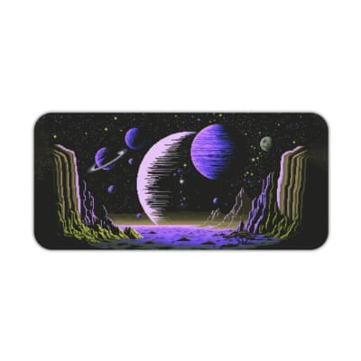 Infidu Space Desk Pad features an abstract alien landscape with geometric rock formations and multiple planets against a black space background. Desk Pad kept on a plain white background