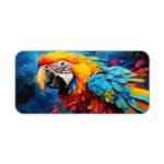 A bright parrot with vibrant feathers against a dynamic blue background. Desk Pad kept on a plain white background