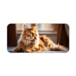 Fluffy brown cat sitting in a cozy indoor setting with warm colors and soft lighting. Desk Pad kept on a plain white background