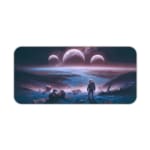 Infidu Space Desk Pad shows a person on a cliff overlooking an alien planet with multiple moons, set against a dark black space background. Desk Pad kept on a plain white background