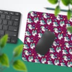 Unicorn Desk Mat with a colorful forest scene, purple, pink, and blue background, stars, clouds, and a unicorn with a rainbow mane and golden horn. Desk Pad with Keyboard and Mouse