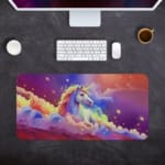 Infidu Unicorn Desk Mat with a colorful background of purple, pink, and blue, featuring a unicorn with a rainbow mane and golden horn. Desk Pad kept on a plain gray background