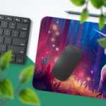 Blue unicorn with a colorful mane in a mystical forest desk mat by Infidu Desk Pad with Keyboard and Mouse