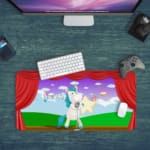 Infidu desk mat featuring a white unicorn with a blue sky and clouds background, showcasing a unique anime design. Perfect for any desk setup. Desk Pad with Keyboard and Mouse