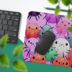 Infidu Discover With Our Owl Theme Children's Desk Mat featuring colorful owls on a pink background. Desk Pad with Keyboard and Mouse