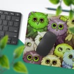 Infidu Discover With Our Owl Theme Children's Desk Mat featuring colorful owls on a white background. Desk Pad with Keyboard and Mouse