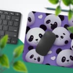 Infidu Bring Panda Playfulness Desk Mat featuring black and white pandas on a violet background, designed uniquely by our digital artists. Desk Pad with Keyboard and Mouse