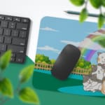 Infidu Bring Cat Magic Desk Mat featuring an anime cat in orange, white, and gray, with animals, trees, and a rainbow background, perfect for kids' desks. Desk Pad with Keyboard and Mouse