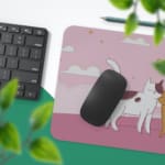 Infidu Bring Cat Magic Desk Mat featuring lovable cats and heart designs on a white background with clouds. Perfect as a desk mat, desk pad, or gaming pad. Desk Pad with Keyboard and Mouse