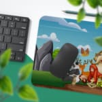 Infidu Explore Nature Desk Mat features a vibrant anime design with animals, trees, and mountains in orange and other colors, perfect for children's desks Desk Pad with Keyboard and Mouse