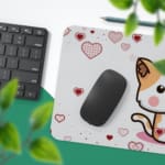 Infidu Bring Cat Magic to Your Desk Mat features a whimsical anime cat design with hearts and flowers on a white and red background Desk Pad with Keyboard and Mouse