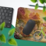 Infidu Teddy Bear Design Desk Pad with a cute teddy bear in orange and green, set against a background of trees and flowers Desk Pad on the Mouse