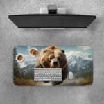 Roaring brown bear with a mountain and sky background on a desk pad, featuring cool blue skies and snow-covered mountains. Desk Pad with Keyboard and Mouse on top of the desk pad