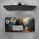 Fierce brown bear with dark forest background desk pad design. Desk Pad with Keyboard and Mouse on top of the desk pad