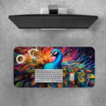 Vibrant peacock with colorful feather tail on a swirling multi-color background desk pad. Desk Pad with Keyboard and Mouse on top of the desk pad