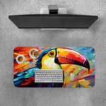 Colorful toucan with a vibrant beak and bright abstract background on a desk pad. Desk Pad with Keyboard and Mouse on top of the desk pad