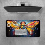 Colorful stained-glass insect design desk pad with vibrant tones and a dark background. Desk Pad with Keyboard and Mouse on top of the desk pad