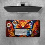 Infidu Blue Butterfly Desk Pad featuring a detailed blue butterfly with intricate wing patterns against a warm-toned floral background. Desk Pad with Keyboard and Mouse on top of the desk pad