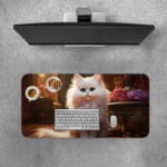 Fluffy white cat sitting in an elegant room with warm lighting, decorative flowers, and antique furniture. Desk Pad with Keyboard and Mouse on top of the desk pad