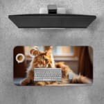 Fluffy brown cat sitting in a cozy indoor setting with warm colors and soft lighting. Desk Pad with Keyboard and Mouse on top of the desk pad